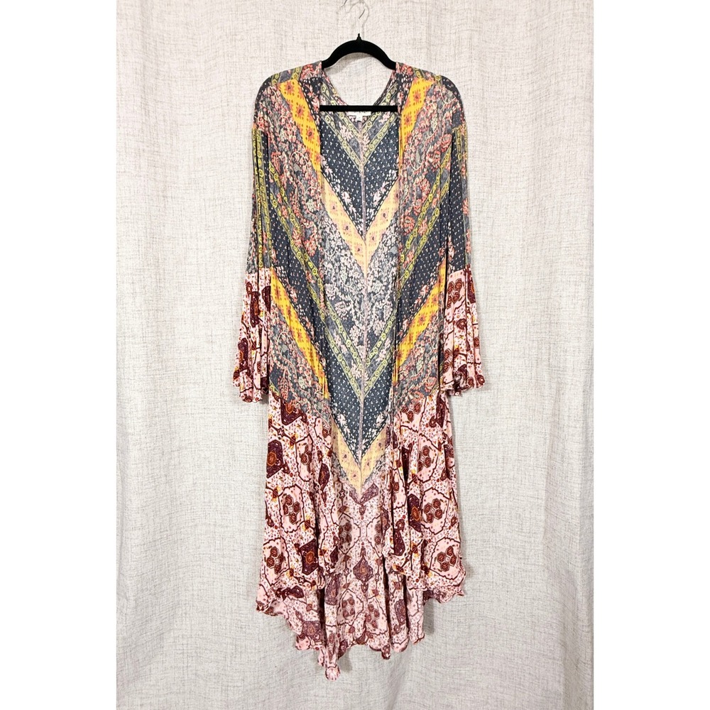 Umgee Boho Kimono Duster M Pink Floral Mixed Print Penny Lane Patchwork Hippie